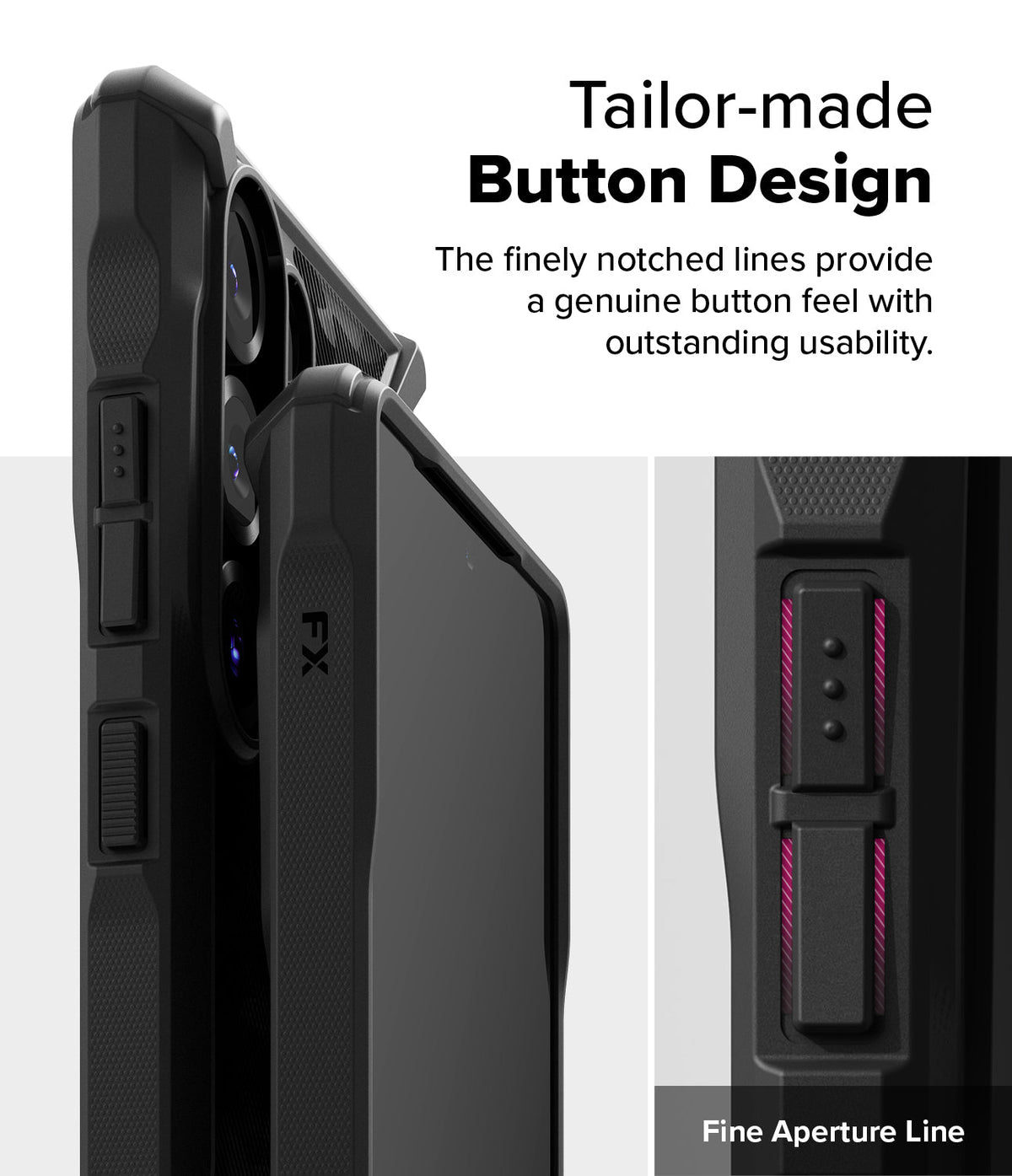 Galaxy S25 Ultra Case | Fusion-X - Close-up of phone case buttons with notched, tactile design for improved usability.