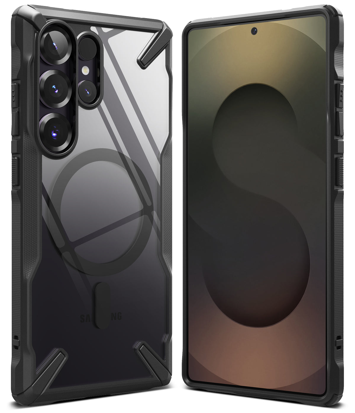 Galaxy S25 Ultra Case | Fusion-X Magnetic - Rugged black protective case with magnetic ring on clear back and front view.