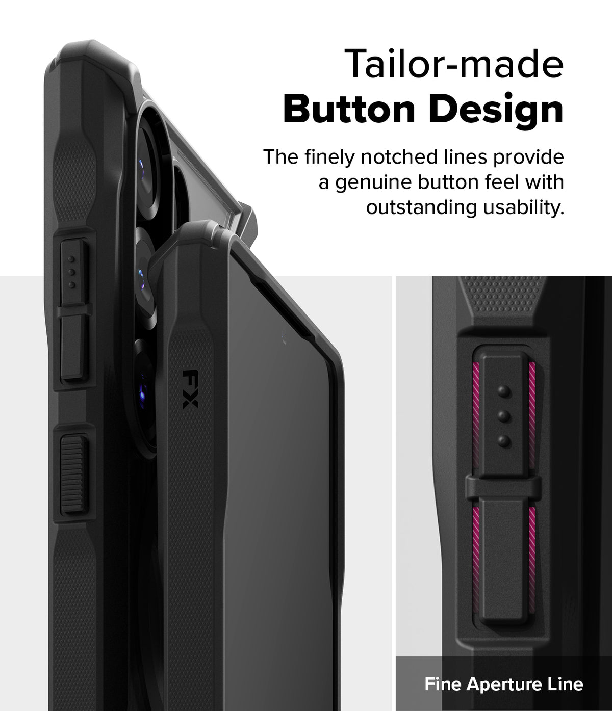 Galaxy S25 Ultra Case | Fusion-X Magnetic - Close-up of black phone case buttons with textured, notched detailing.