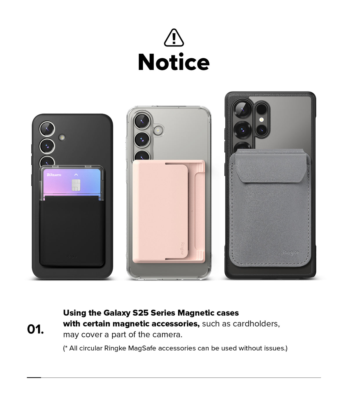 Galaxy S25 Ultra Case | Fusion-X Magnetic - Three phones with magnetic cardholders showing potential camera obstruction.