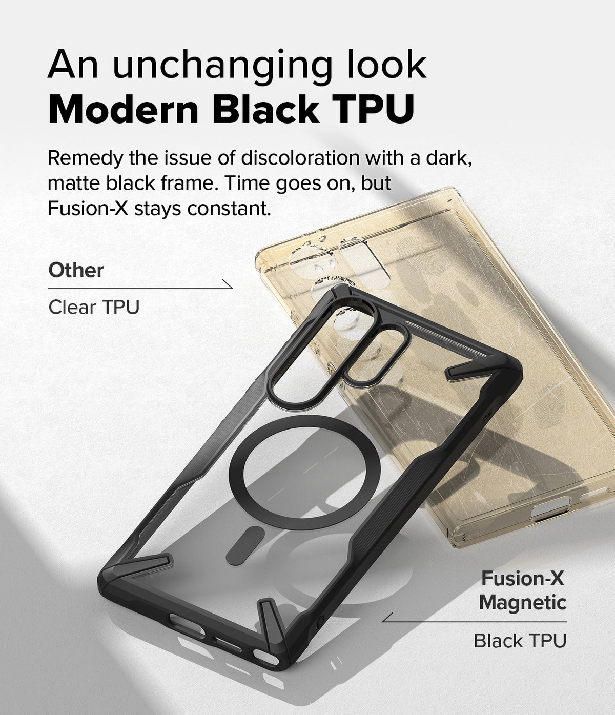 Galaxy S25 Ultra Case | Fusion-X Magnetic - A black Fusion-X magnetic case compared to a yellowed clear TPU case.