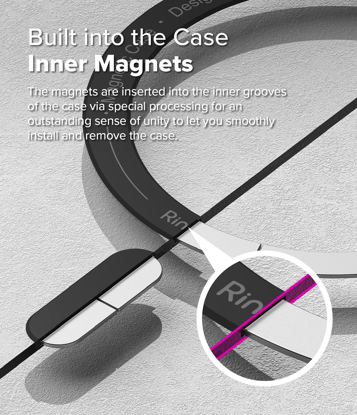 Galaxy S25 Ultra Case | Fusion-X Magnetic - Close-up of magnetic ring embedded in phone case grooves with callout.