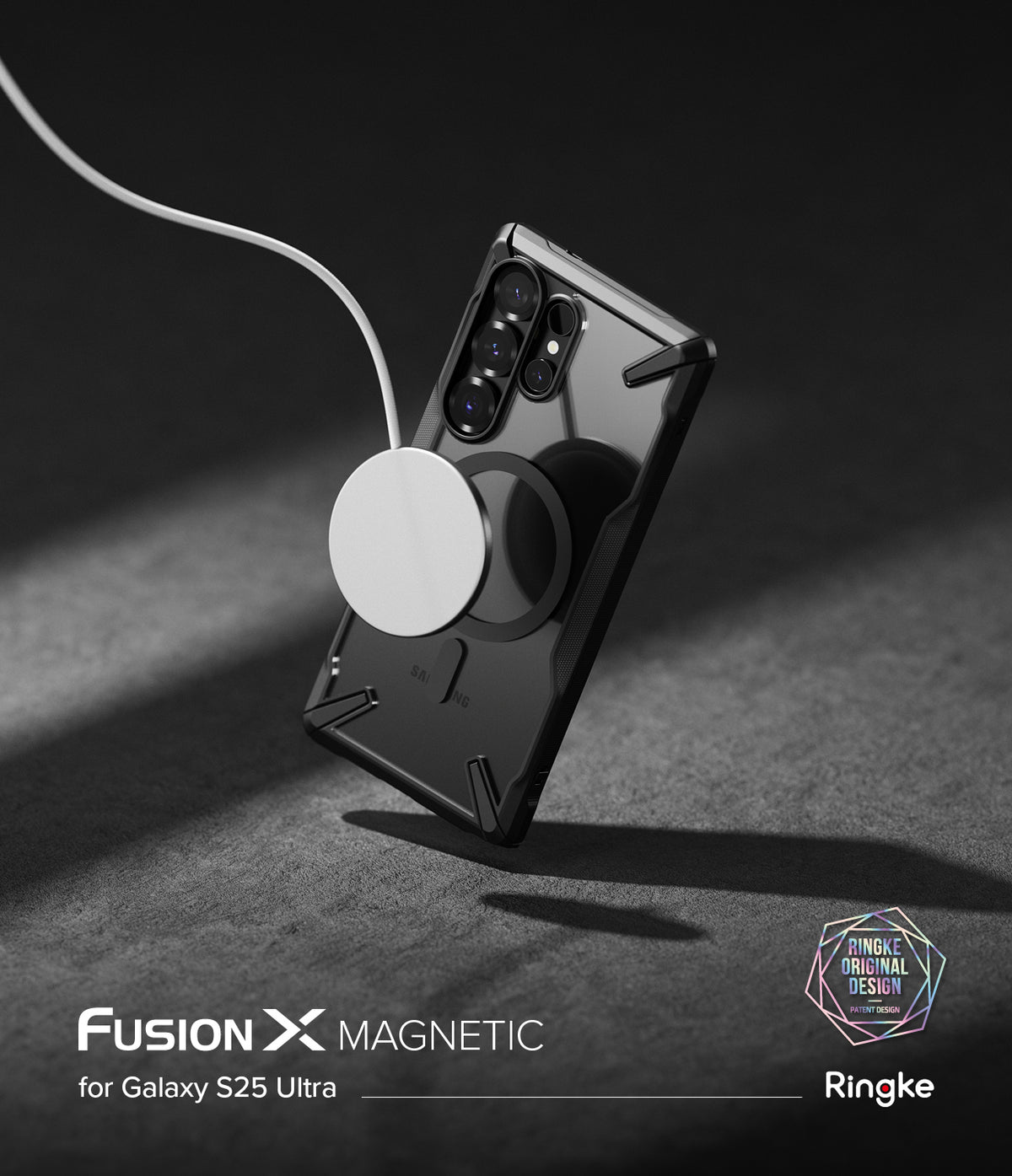 [Bundle] Galaxy S25 Ultra | Fusion-X Magnetic - Galaxy S25 Ultra in a black Fusion-X magnetic case charging with a circular magnetic charger.