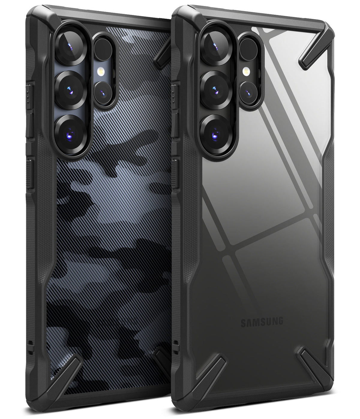Galaxy S25 Ultra Case | Fusion-X - Two rugged black phone cases, one with a camo pattern and one clear, showing camera cutouts.