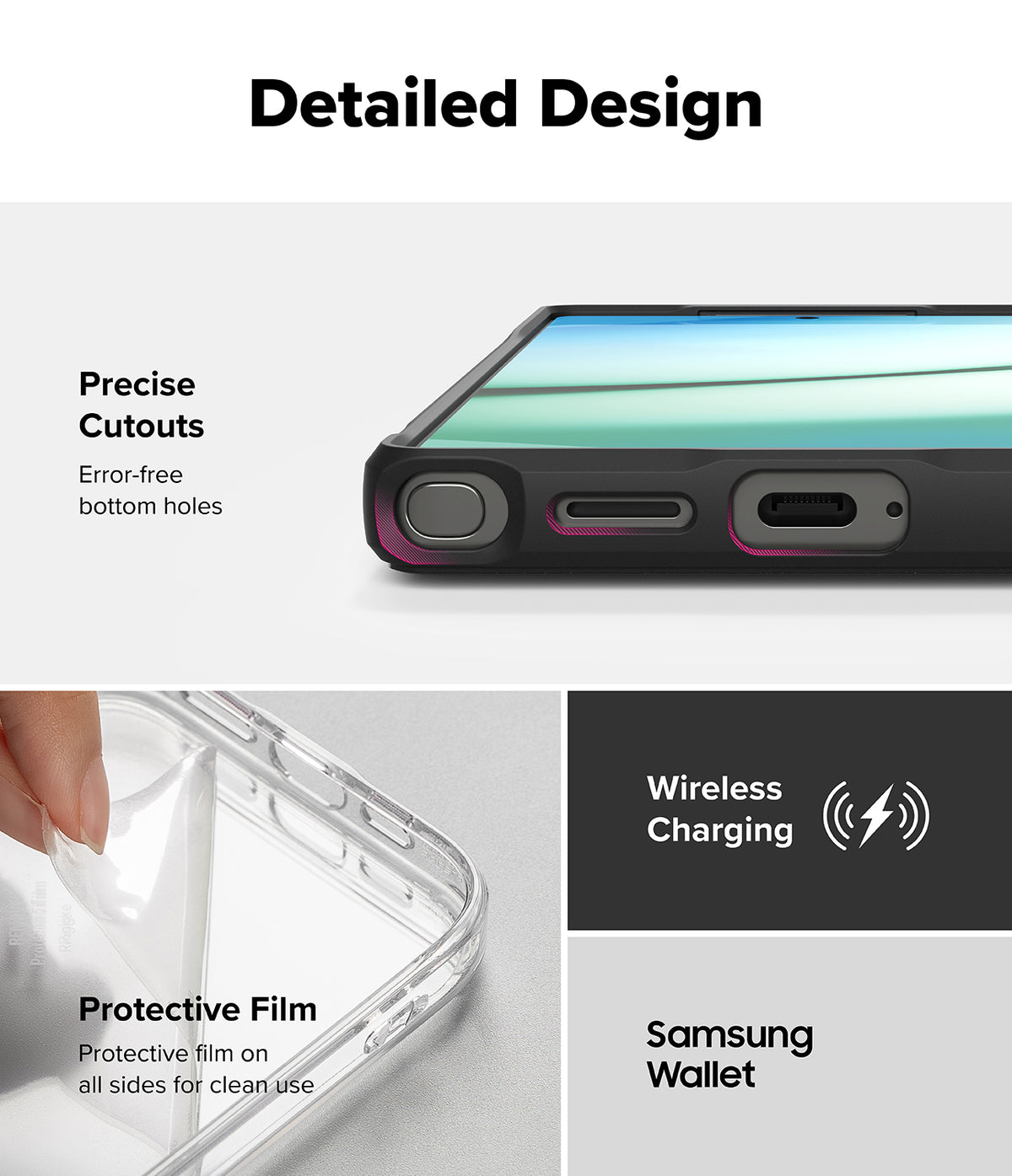 Galaxy S25 Ultra Case | Fusion Bold Magnetic - Close-up of precise bottom cutouts, protective film, and wireless charging.