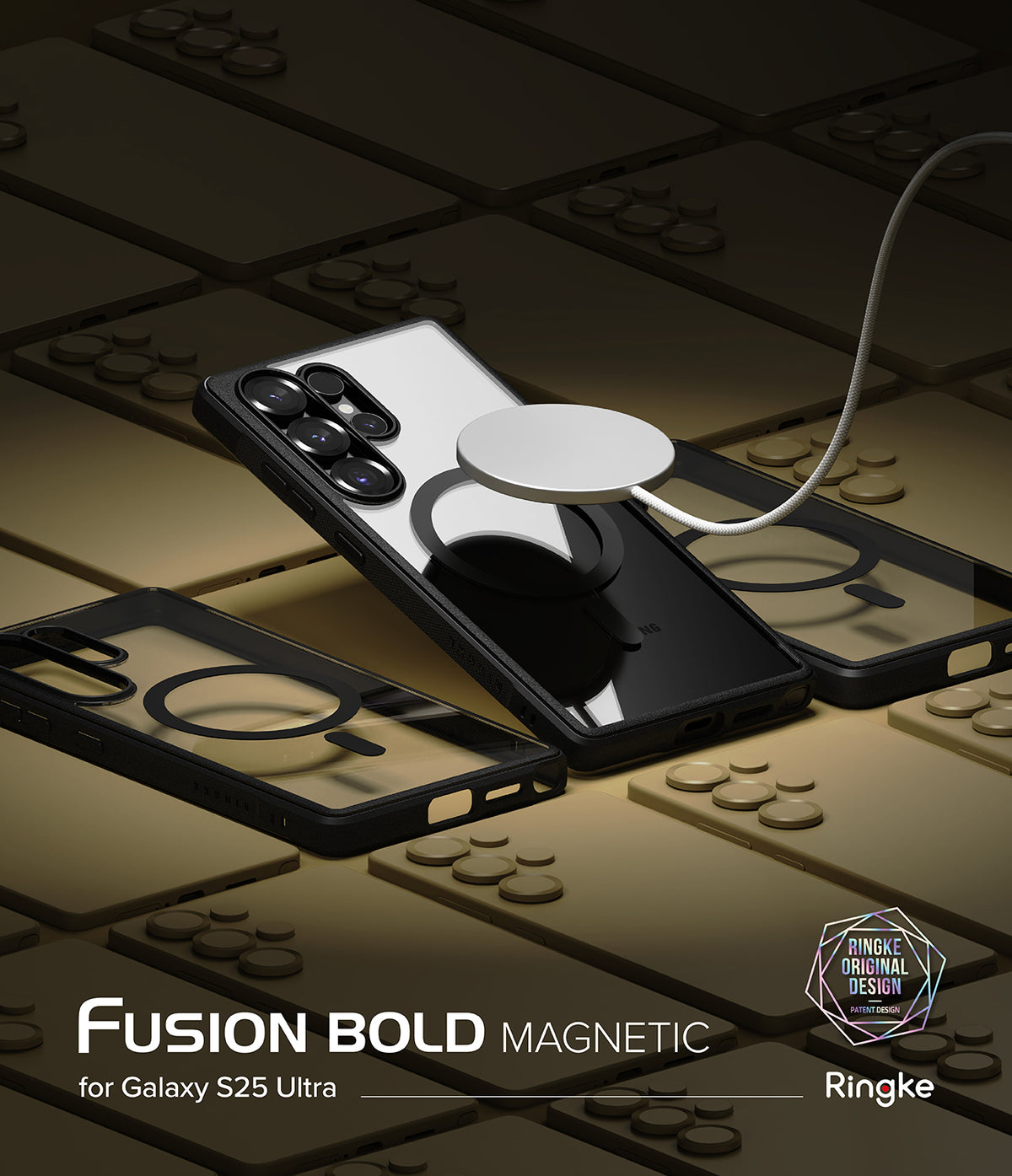 [Bundle] Galaxy S25 Ultra | Fusion Bold Magnetic - Magnetic charger attached to a clear phone case on a grid of phones.