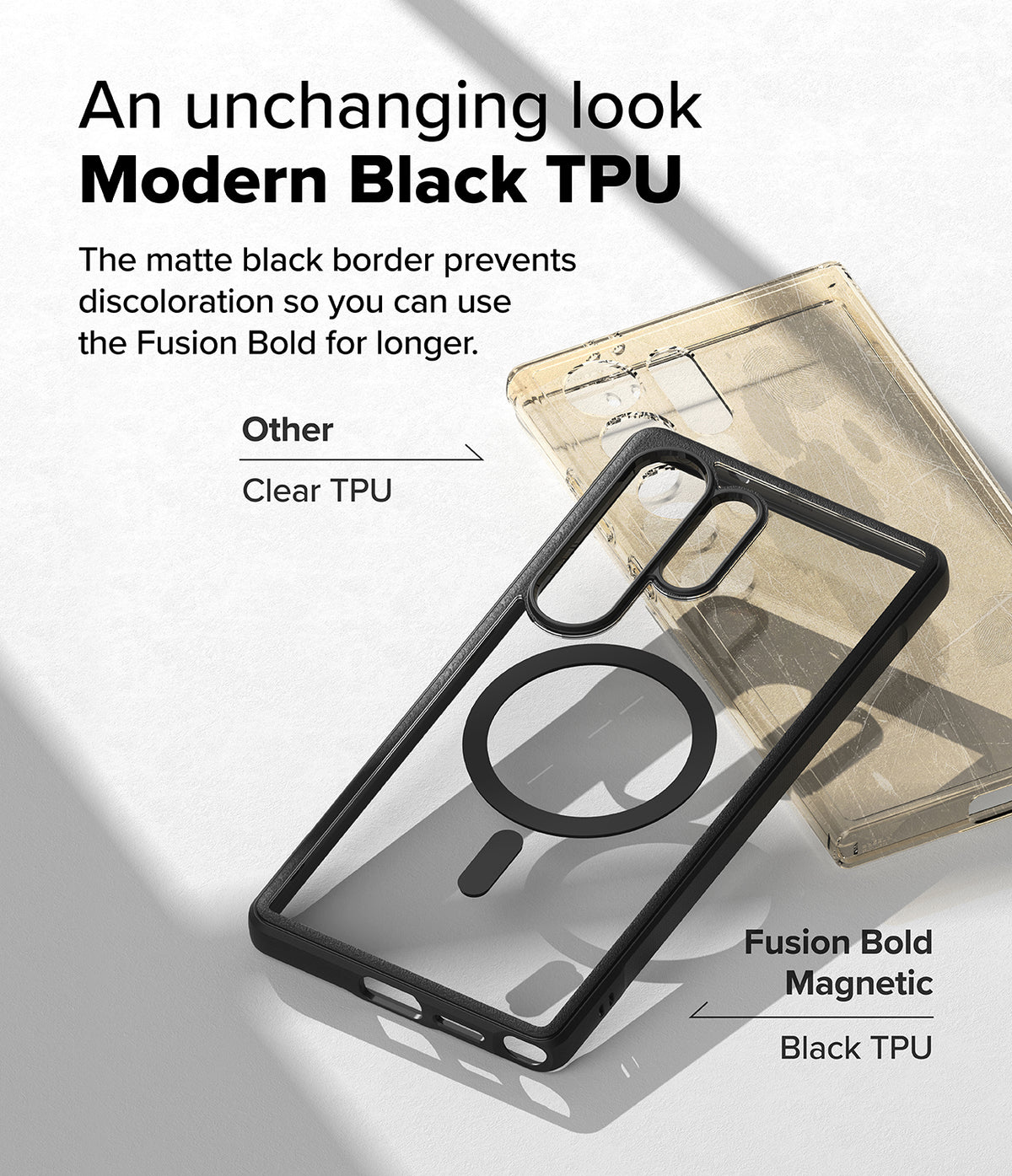 Galaxy S25 Ultra Case | Fusion Bold Magnetic - Comparison of a clear yellowed phone case versus a clear Fusion Bold case.