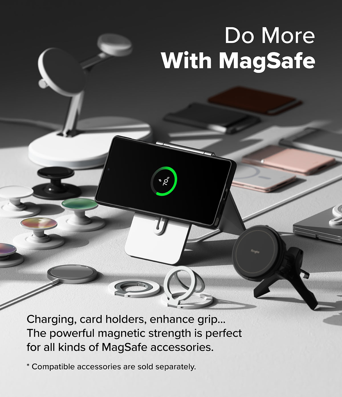 Galaxy S25 Ultra Case | Fusion Bold Magnetic - Phone charging on a stand surrounded by various MagSafe accessories.