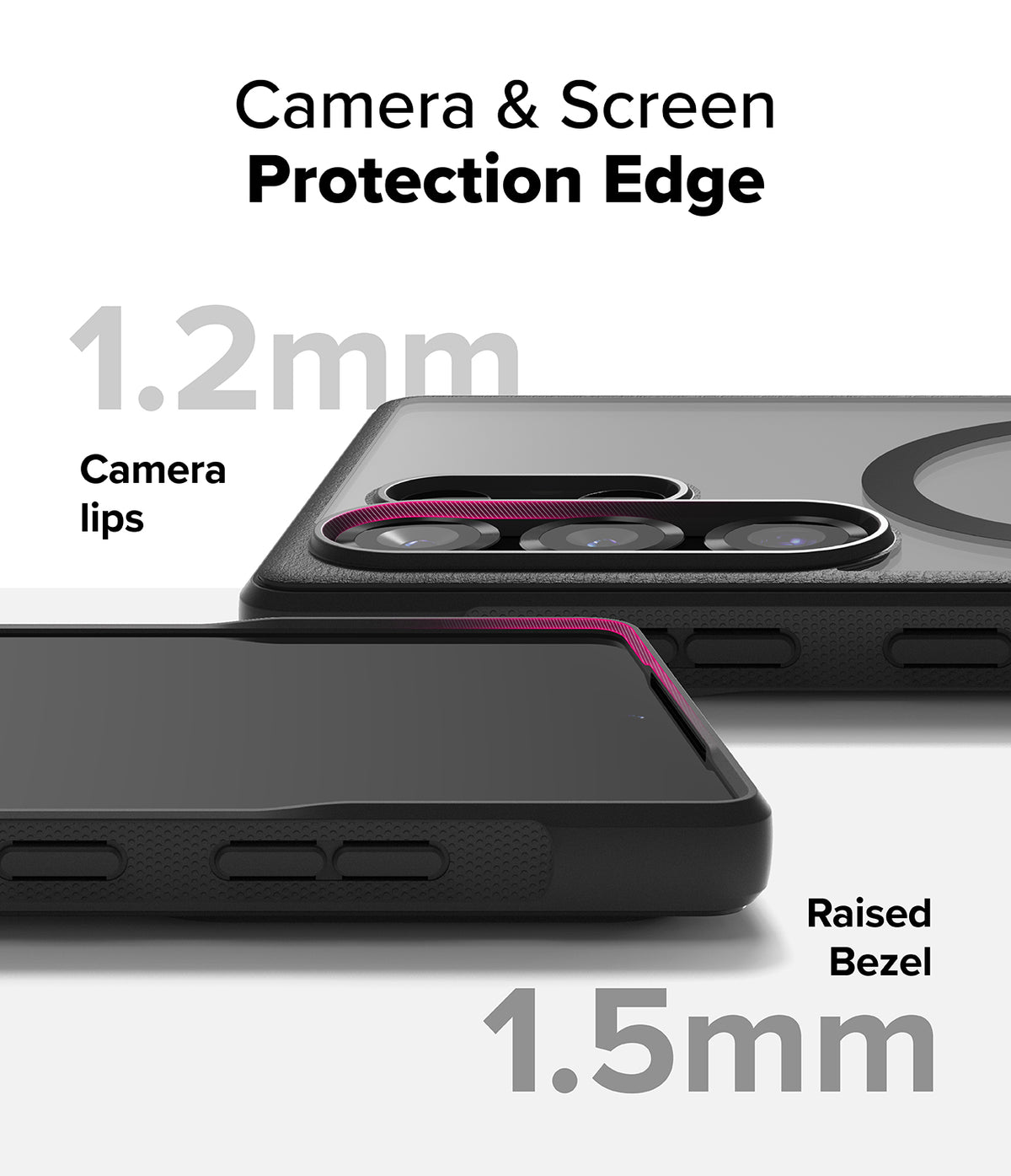 Galaxy S25 Ultra Case | Fusion Bold Magnetic - Close-up showing 1.2mm camera lips and 1.5mm raised screen bezel protection.