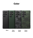 Galaxy S25 Ultra Case | Onyx - Four Galaxy S25 Ultra cases in Black, Dark Green, Camo Black, and Camo Green arranged in a row.