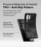 Galaxy S25 Ultra Case | Onyx - Flexible black TPU phone case with camo texture and non-slip side grips shown on a phone.