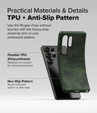 Galaxy S25 Ultra Case | Onyx - Flexible green camo TPU phone case being lifted off a black Galaxy S25 Ultra, highlighting texture.