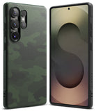 Galaxy S25 Ultra Case | Onyx - Front and back view of a green camouflage phone case on a Galaxy S25 Ultra.