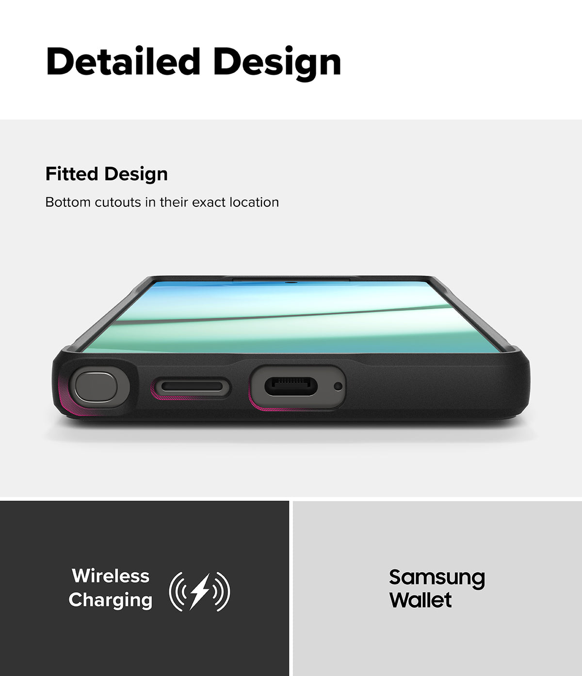 Galaxy S25 Ultra Case | Onyx Magnetic - Close-up of phone case bottom showing precise cutouts for ports and S Pen.