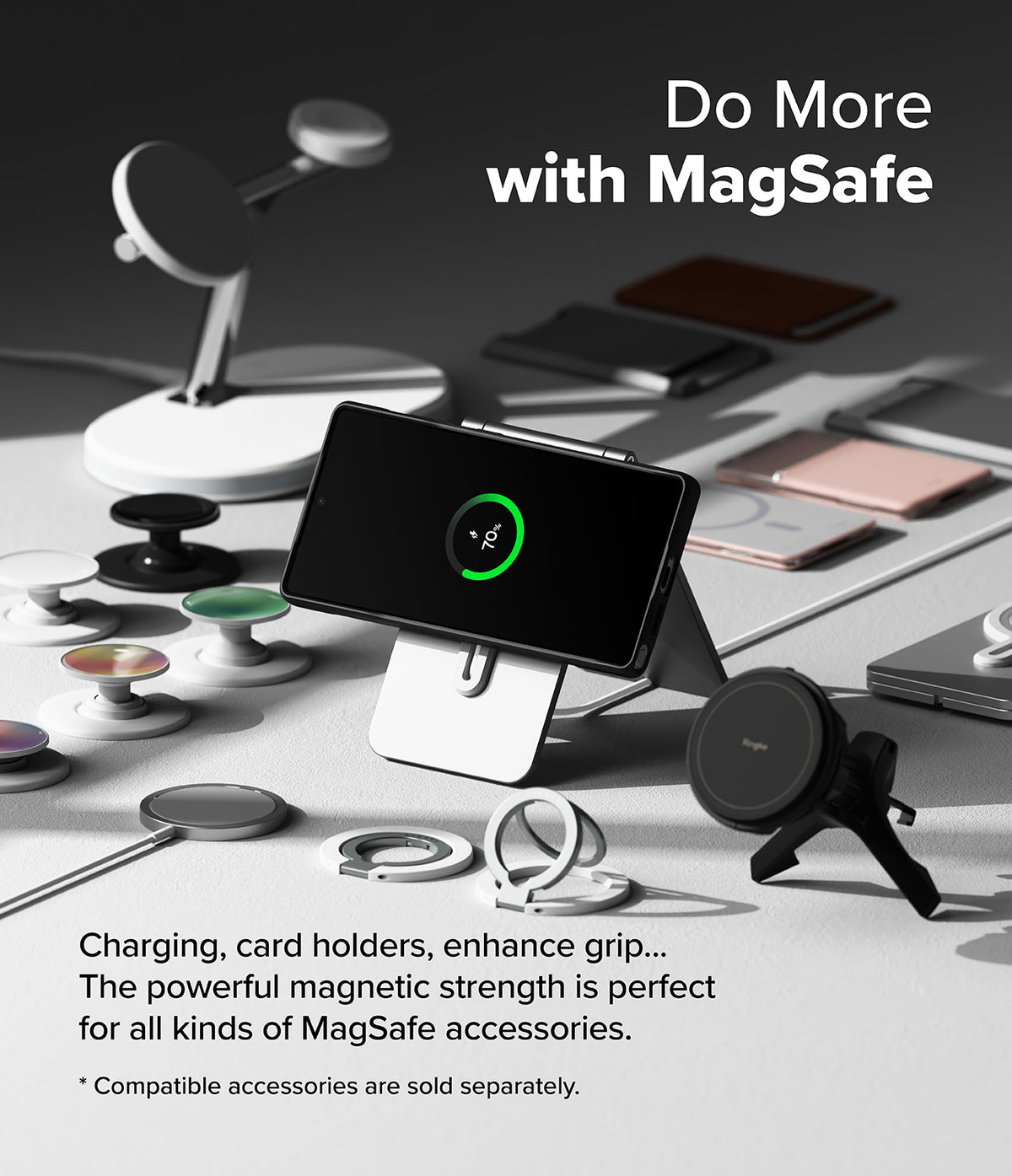 Galaxy S25 Ultra Case | Onyx Magnetic - Smartphone on a magnetic stand surrounded by various MagSafe accessories.