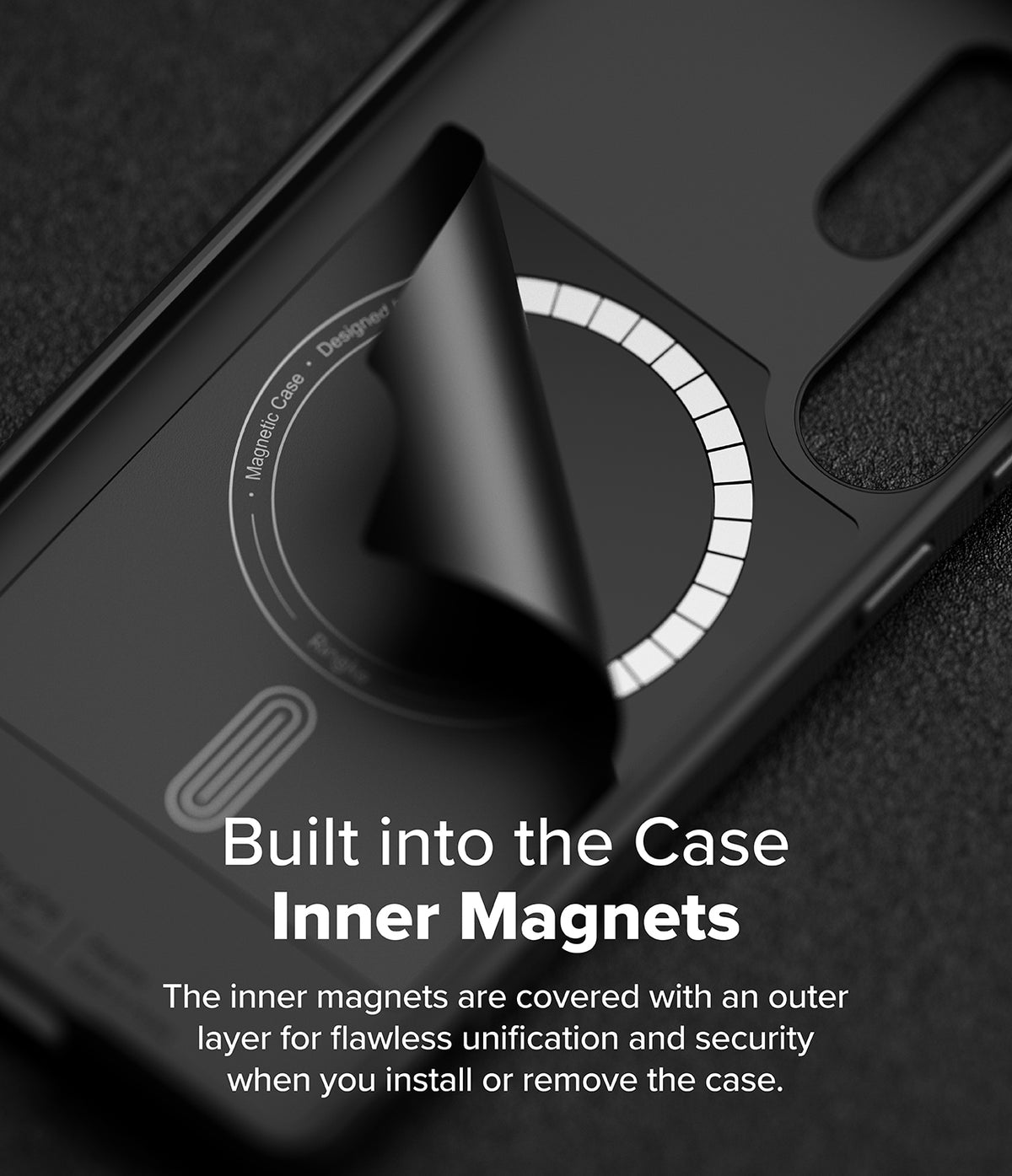 Galaxy S25 Ultra Case | Onyx Magnetic - Black phone case with a protective layer peeling back to reveal internal magnets.