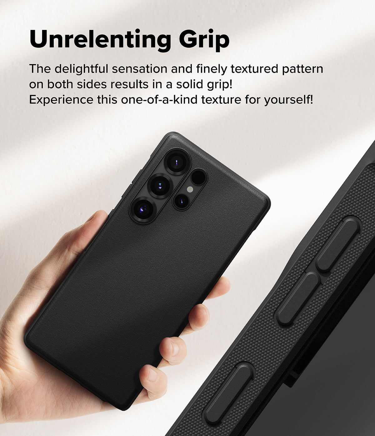 [Bundle] Galaxy S25 Ultra | Onyx Magnetic - Hand holding a black textured phone case with a close-up of the side grip pattern.