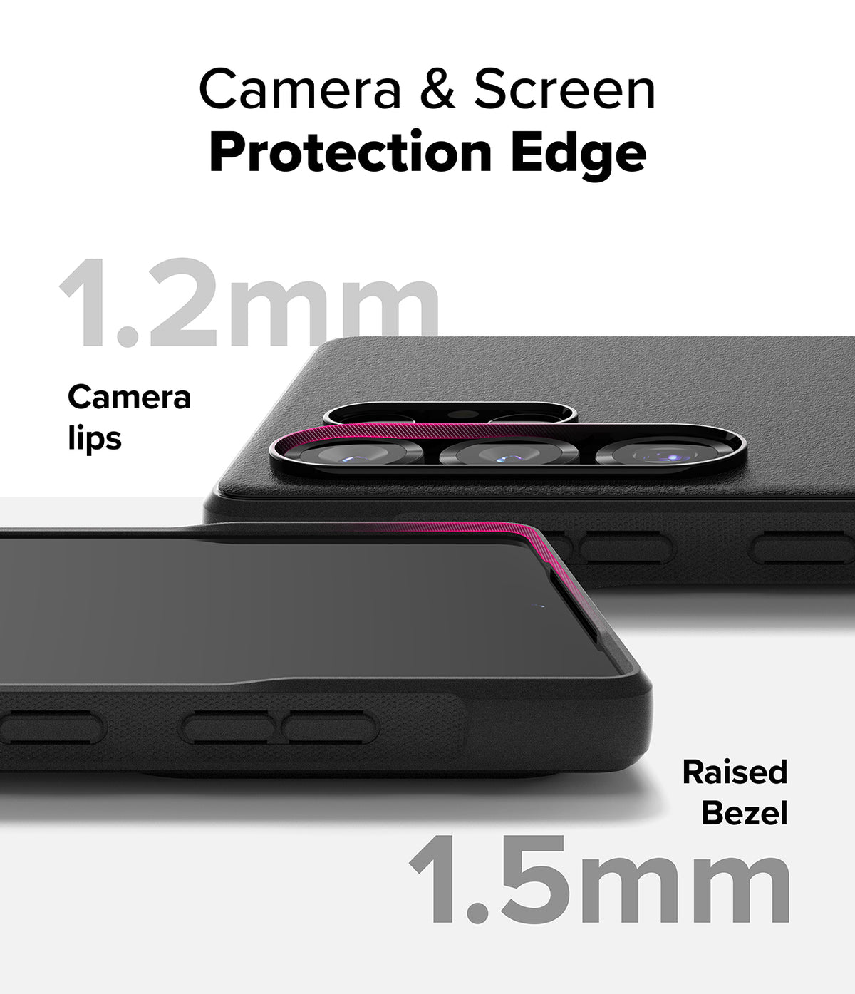 Galaxy S25 Ultra Case | Onyx Magnetic - Close-up showing 1.2mm camera lips and 1.5mm raised screen bezel for protection.