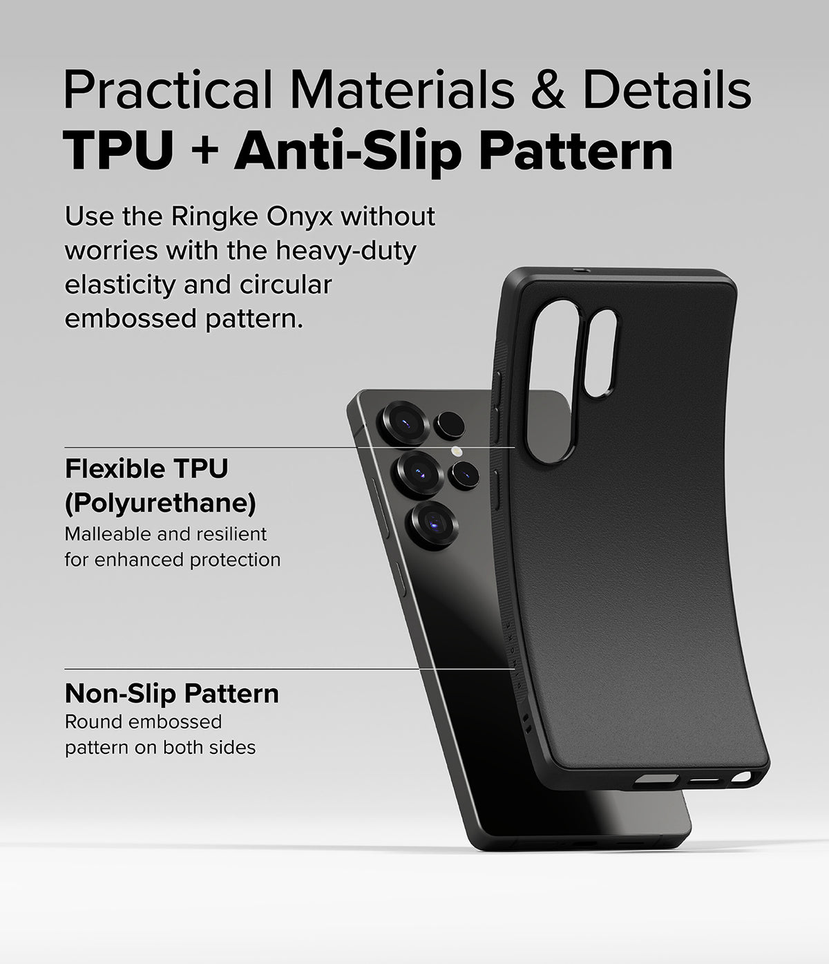 Galaxy S25 Ultra Case | Onyx Magnetic - A flexible black TPU phone case being bent next to a Galaxy S25 Ultra smartphone.