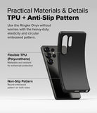 Galaxy S25 Ultra Case | Onyx Magnetic - A flexible black TPU phone case being bent next to a Galaxy S25 Ultra smartphone.