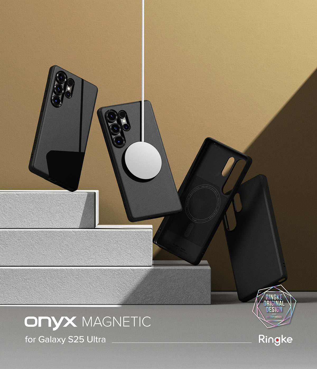 [Bundle] Galaxy S25 Ultra | Onyx Magnetic - Four black Onyx magnetic phone cases arranged around stone steps with a charger.