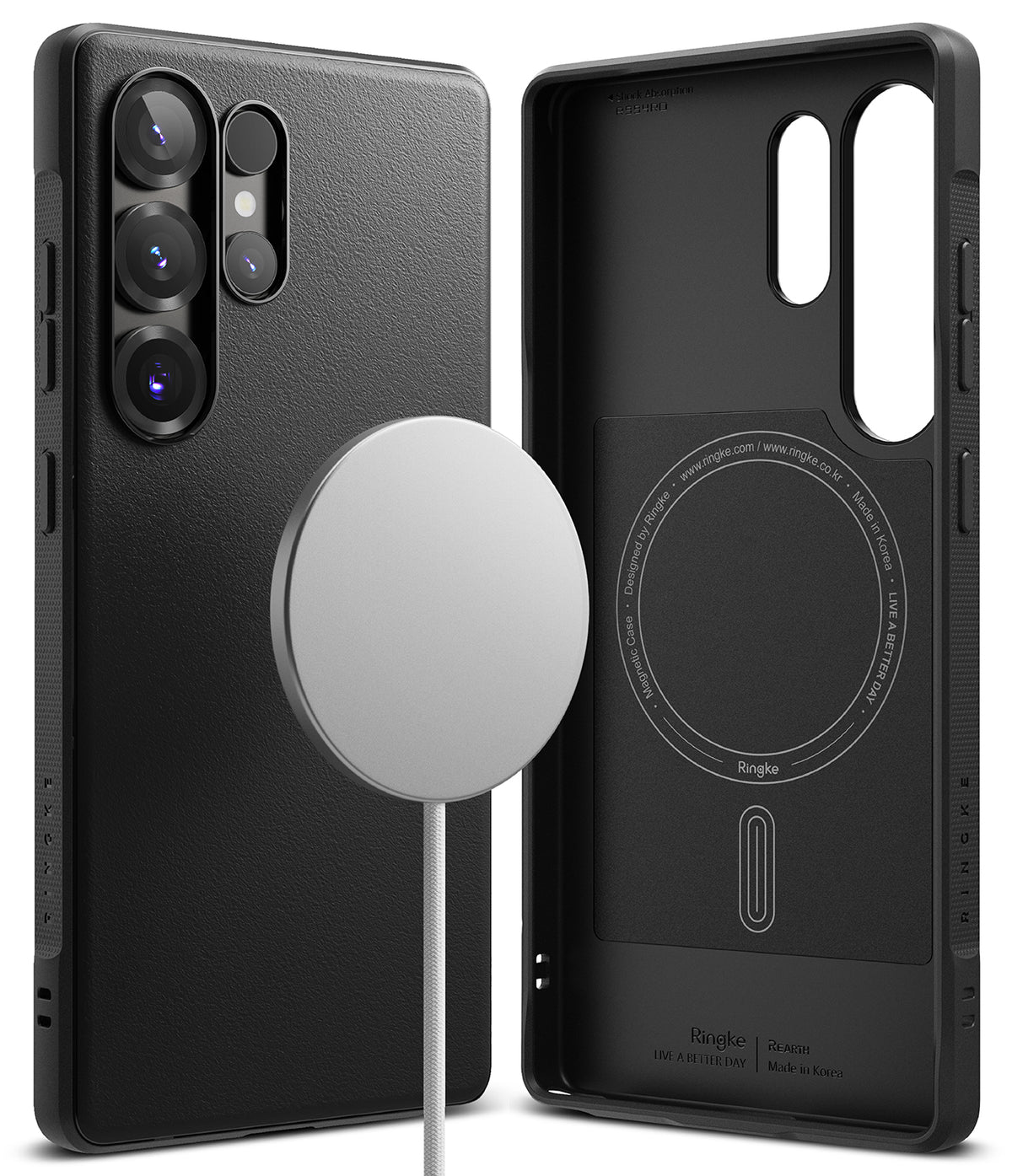 Galaxy S25 Ultra Case | Onyx Magnetic - Matte black phone case shown from back and interior with a magnetic charger.