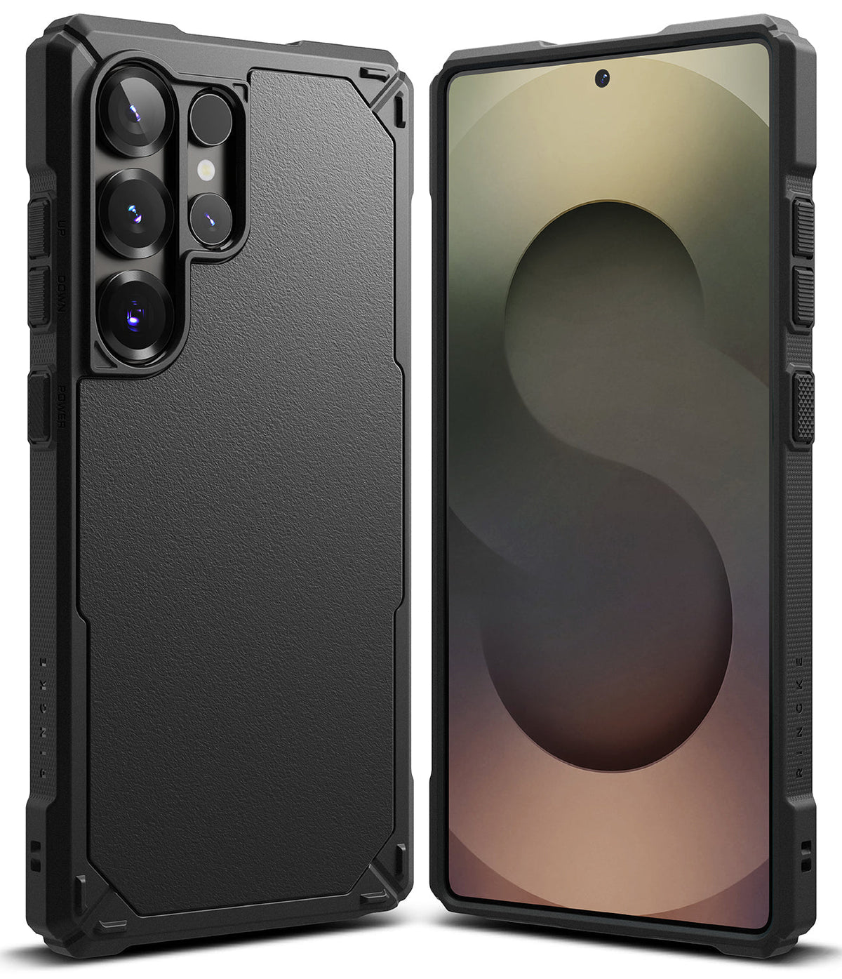 Galaxy S25 Ultra Case | Rugged Gear - Black rugged protective case shown from back and front on a Galaxy S25 Ultra.