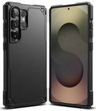 Galaxy S25 Ultra Case | Rugged Gear - Black rugged protective case shown from back and front on a Galaxy S25 Ultra.