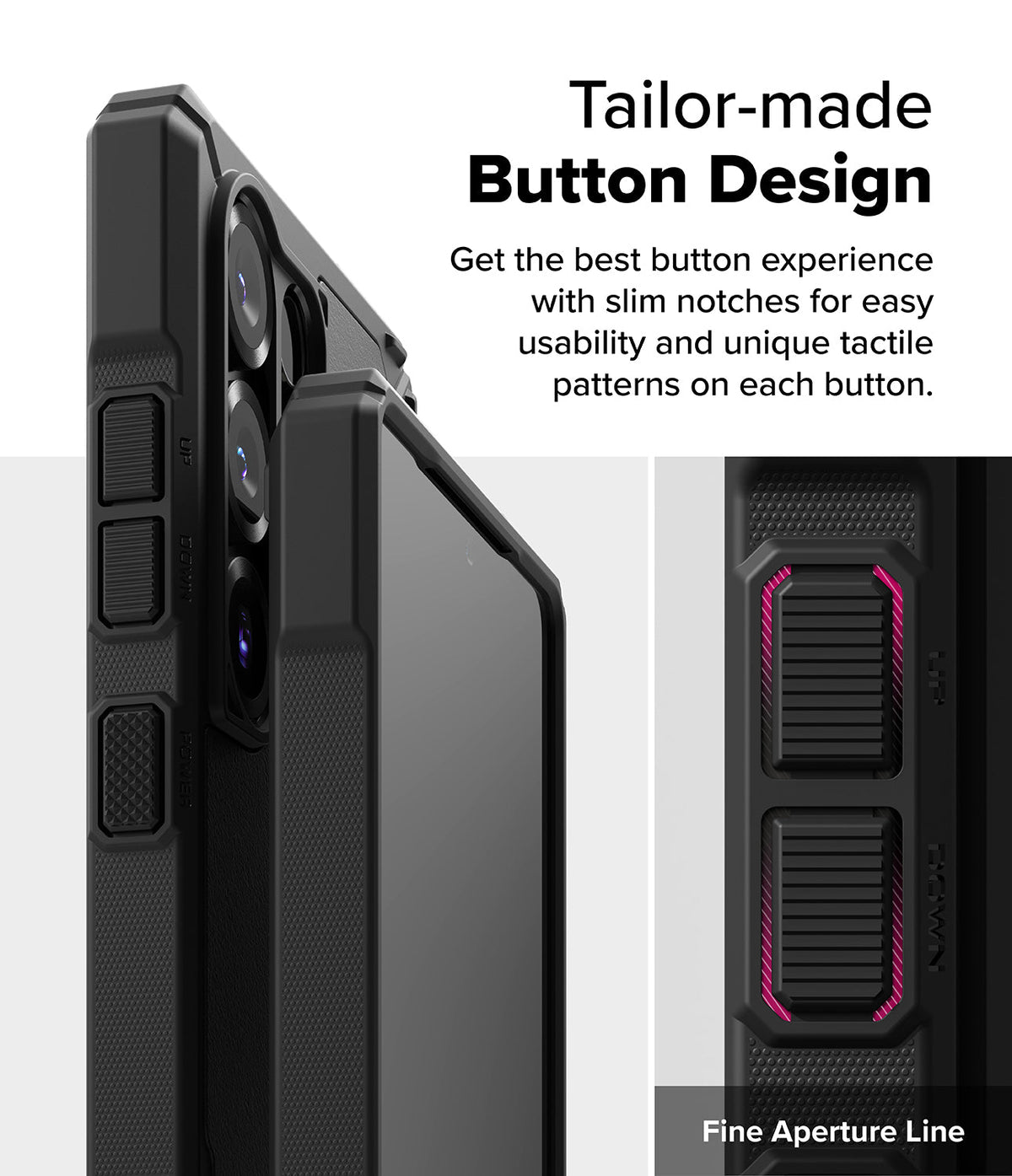 Galaxy S25 Ultra Case | Rugged Gear - Close-up of black phone case buttons with textured grips and a highlighted red aperture line.
