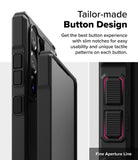 Galaxy S25 Ultra Case | Rugged Gear - Close-up of black phone case buttons with textured grips and a highlighted red aperture line.