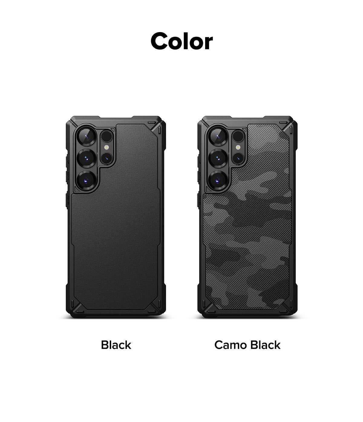 Galaxy S25 Ultra Case | Rugged Gear - Two rugged phone cases in solid black and black camouflage side-by-side.