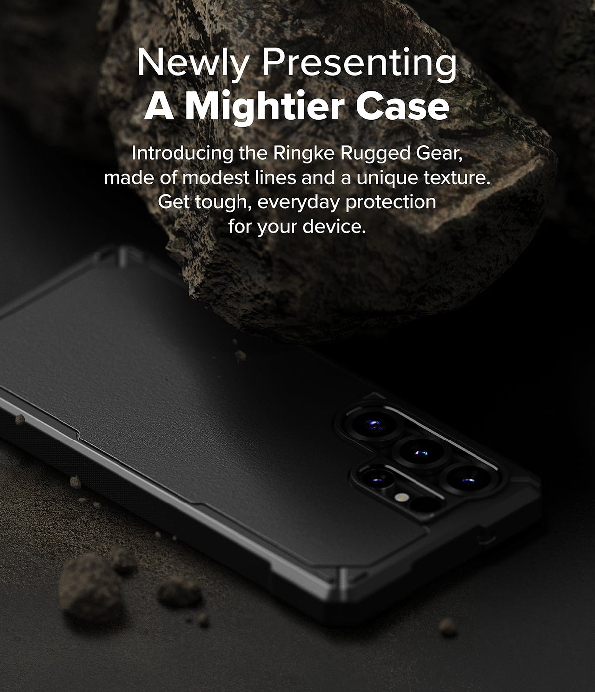 Galaxy S25 Ultra Case | Rugged Gear - Black rugged phone case resting on a dark surface beneath a large, textured rock.