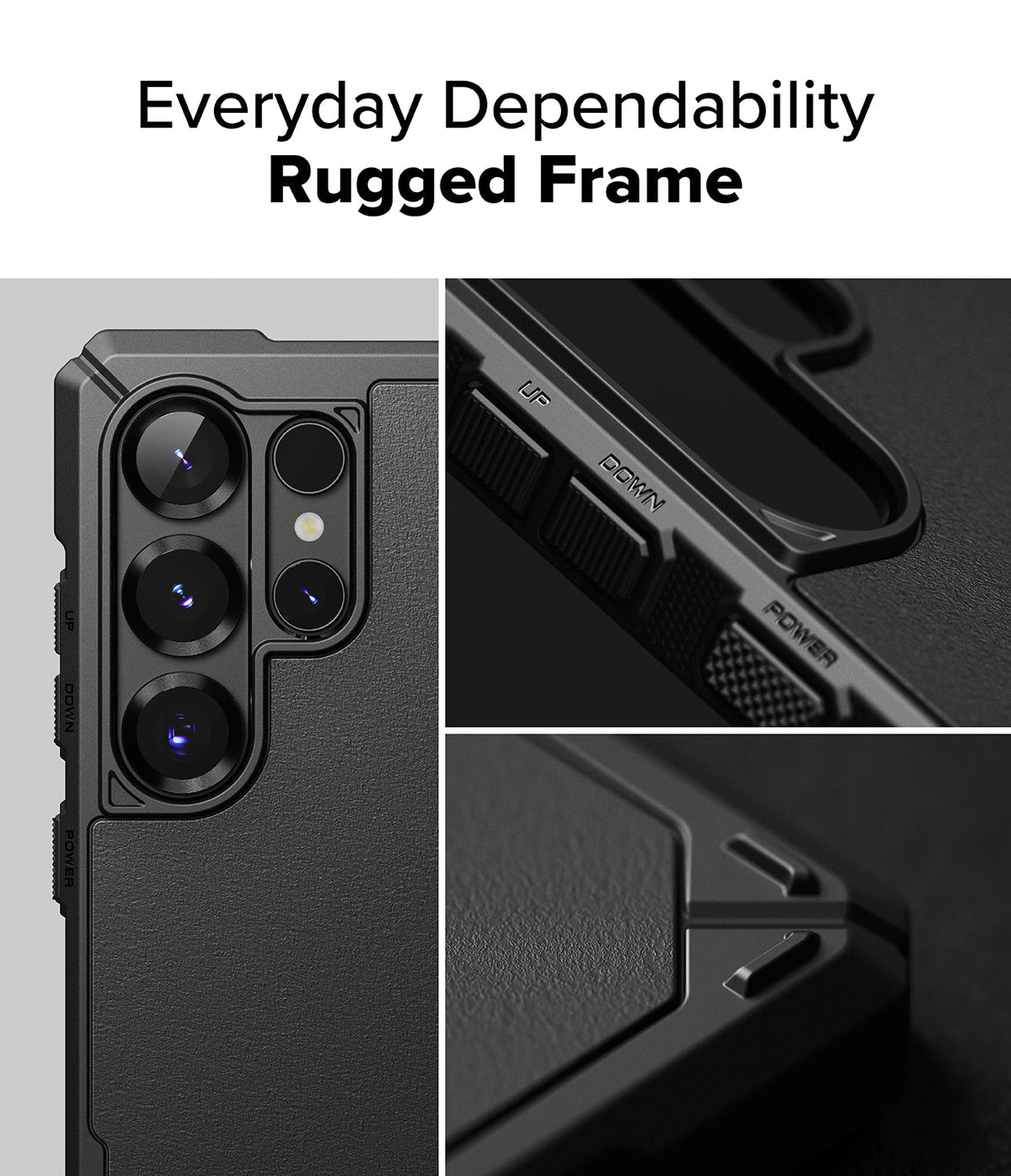 Galaxy S25 Ultra Case | Rugged Gear - Close-up of a black phone case showing camera cutouts and labeled buttons.