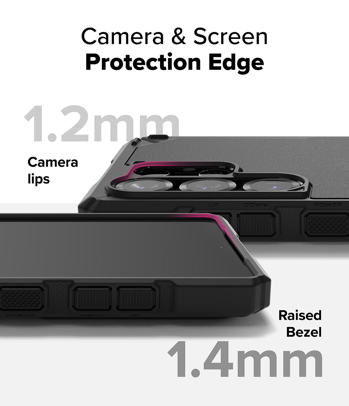 Galaxy S25 Ultra Case | Rugged Gear - Close-up of phone case showing 1.2mm camera lips and 1.4mm raised screen bezel protection.