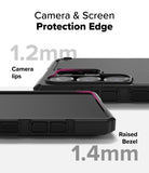 Galaxy S25 Ultra Case | Rugged Gear - Close-up of phone case showing 1.2mm camera lips and 1.4mm raised screen bezel protection.