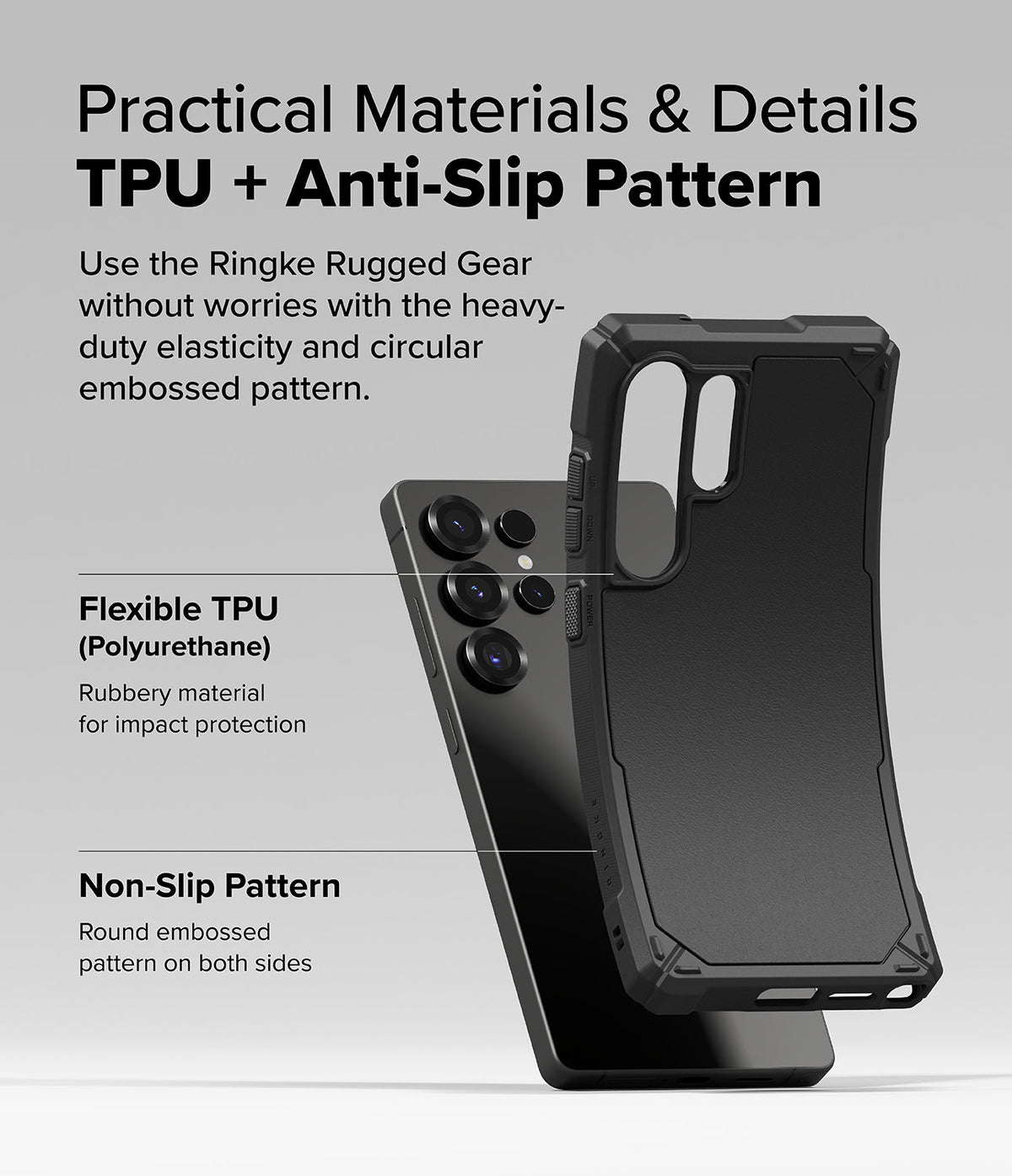 Galaxy S25 Ultra Case | Rugged Gear - Black phone case showing TPU material and non-slip side patterns with text labels.