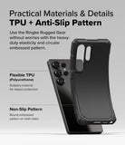 Galaxy S25 Ultra Case | Rugged Gear - Black phone case showing TPU material and non-slip side patterns with text labels.