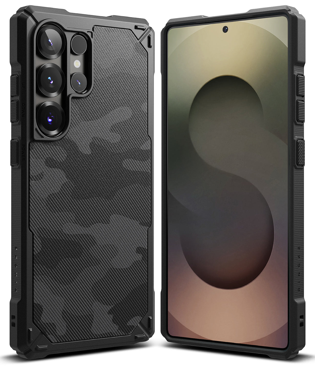 Galaxy S25 Ultra Case | Rugged Gear - Black rugged phone case with camo back texture shown from front and back views.