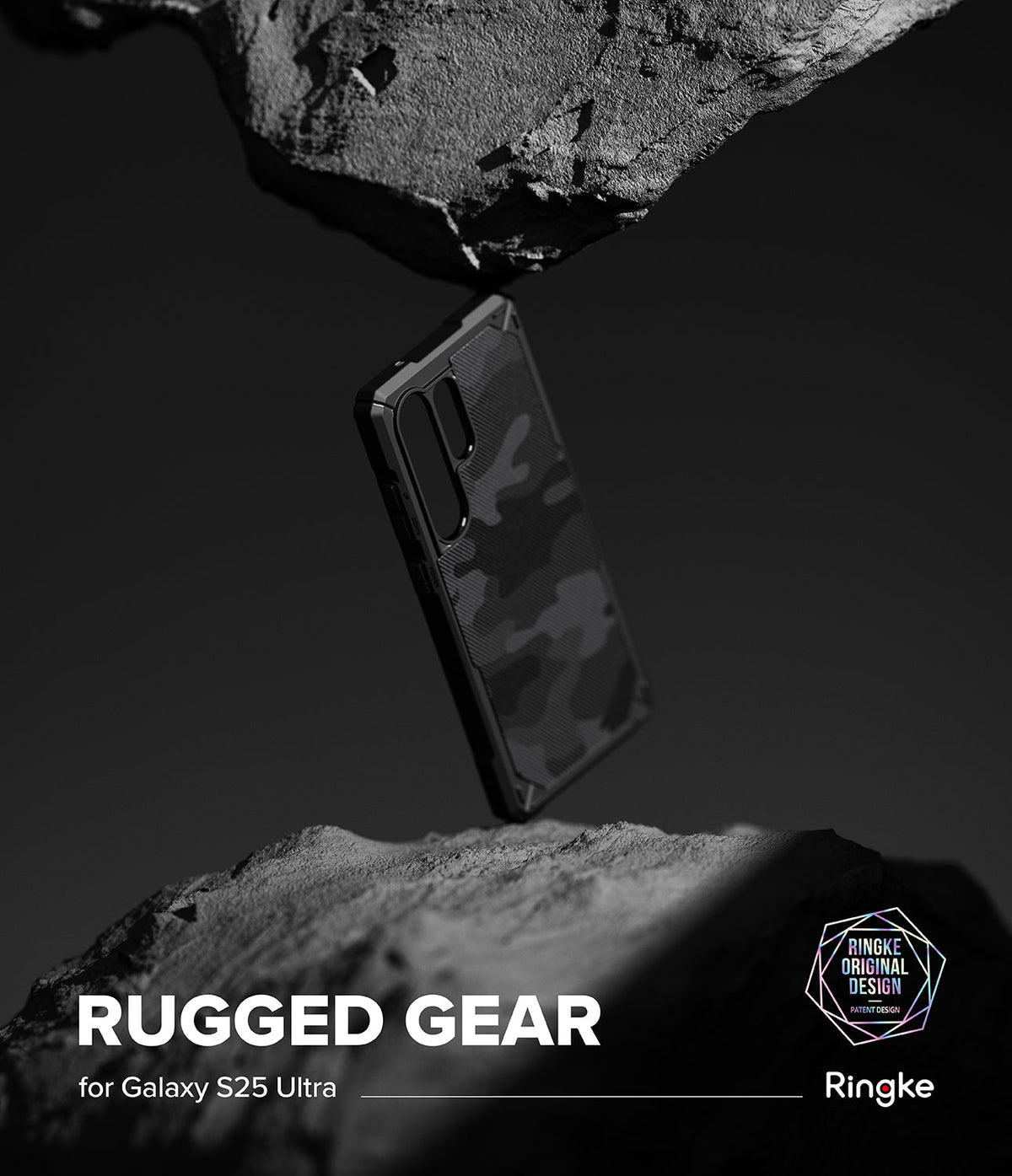 Galaxy S25 Ultra Case | Rugged Gear - Black camouflage phone case suspended between two jagged rocks against a dark background.