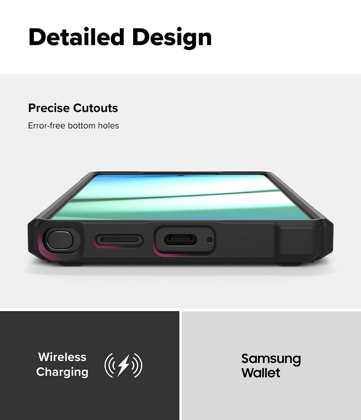 Galaxy S25 Ultra Case | Rugged Gear - Bottom view of phone case showing precise cutouts for charging port and stylus.