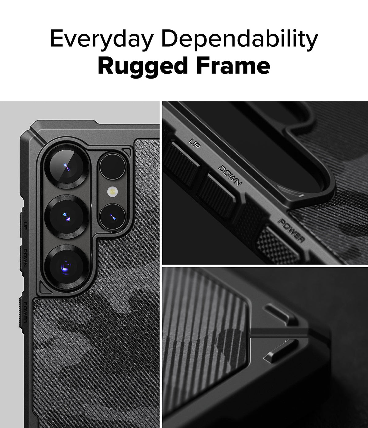 Galaxy S25 Ultra Case | Rugged Gear - Close-up of a black rugged phone case with textured camo back and labeled buttons.