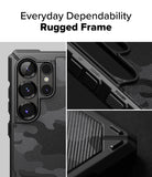 Galaxy S25 Ultra Case | Rugged Gear - Close-up of a black rugged phone case with textured camo back and labeled buttons.