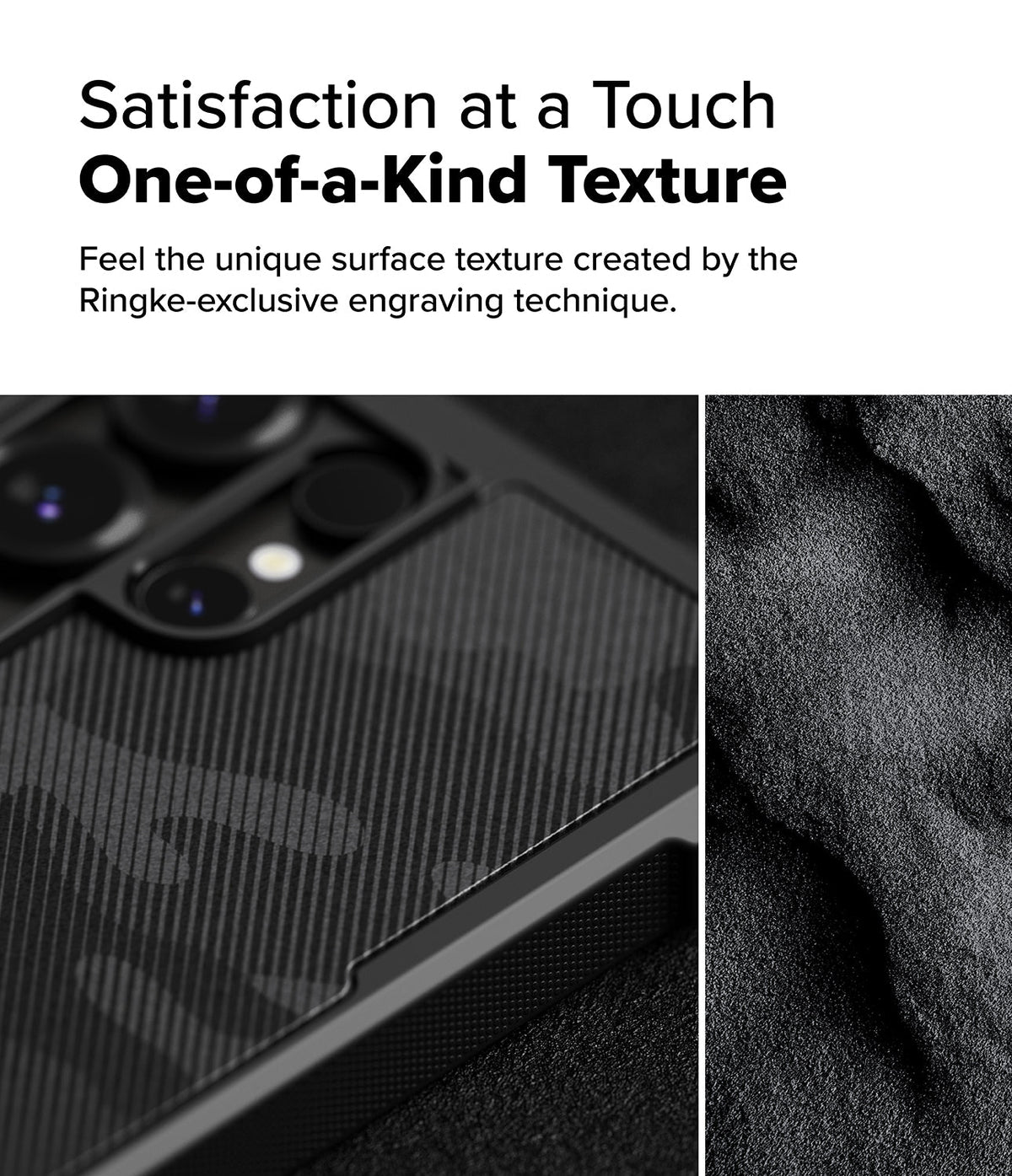 Galaxy S25 Ultra Case | Rugged Gear - Close-up of a black phone case with a textured, camo-patterned back and a rough, stone-like surface.