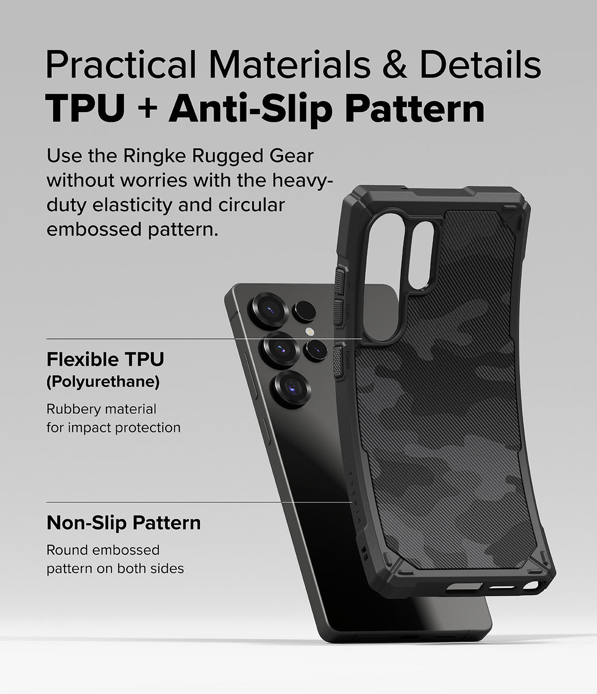 Galaxy S25 Ultra Case | Rugged Gear - Black phone case with camo texture and TPU material highlighting anti-slip design.