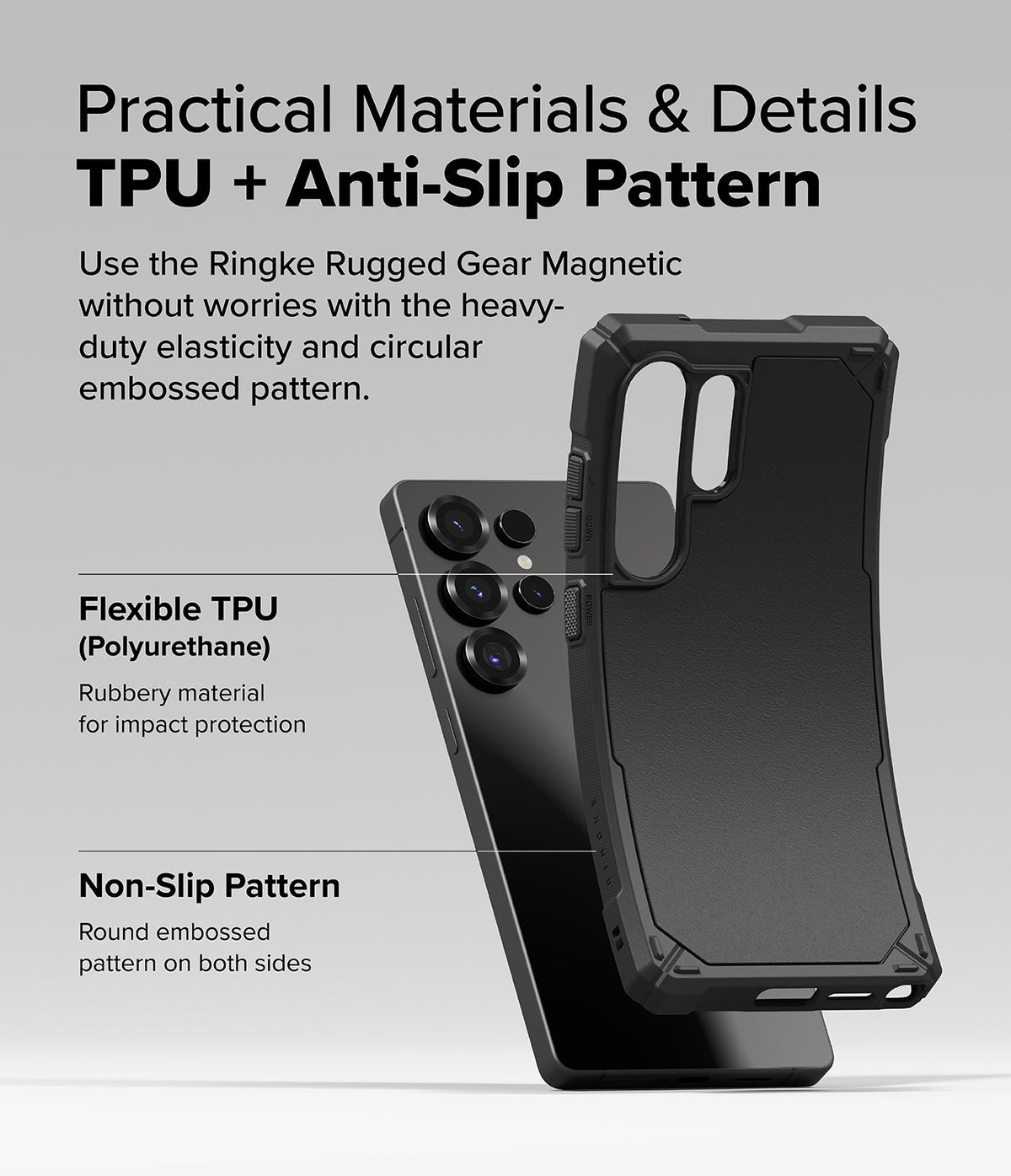 Galaxy S25 Ultra Case | Rugged Gear Magnetic - Black phone case showing flexible TPU material and anti-slip pattern.