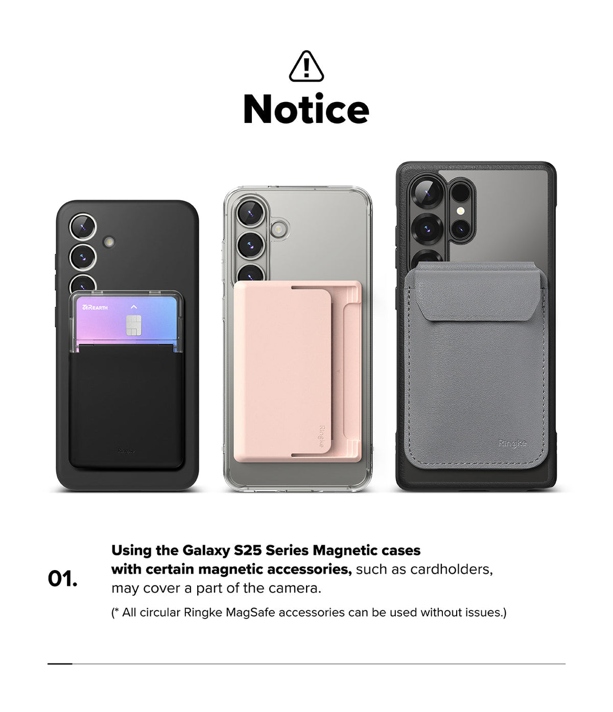 Galaxy S25 Ultra Case | Rugged Gear Magnetic - Three phones with magnetic cardholders showing potential camera obstruction.