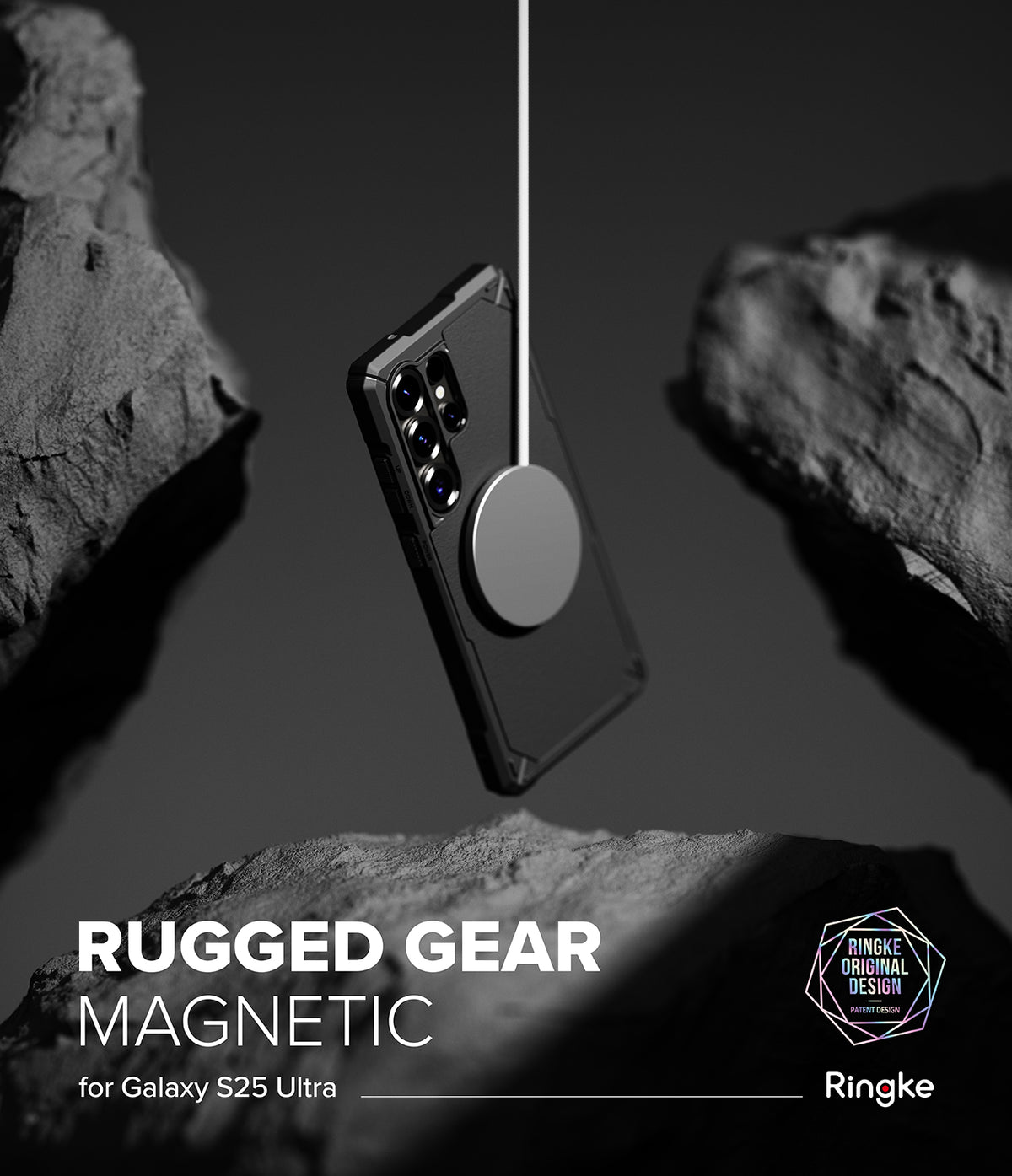 [Bundle] Galaxy S25 Ultra | Rugged Gear Magnetic - Black rugged phone case floating with a magnetic charger against rocks.