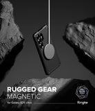 [Bundle] Galaxy S25 Ultra | Rugged Gear Magnetic - Black rugged phone case floating with a magnetic charger against rocks.