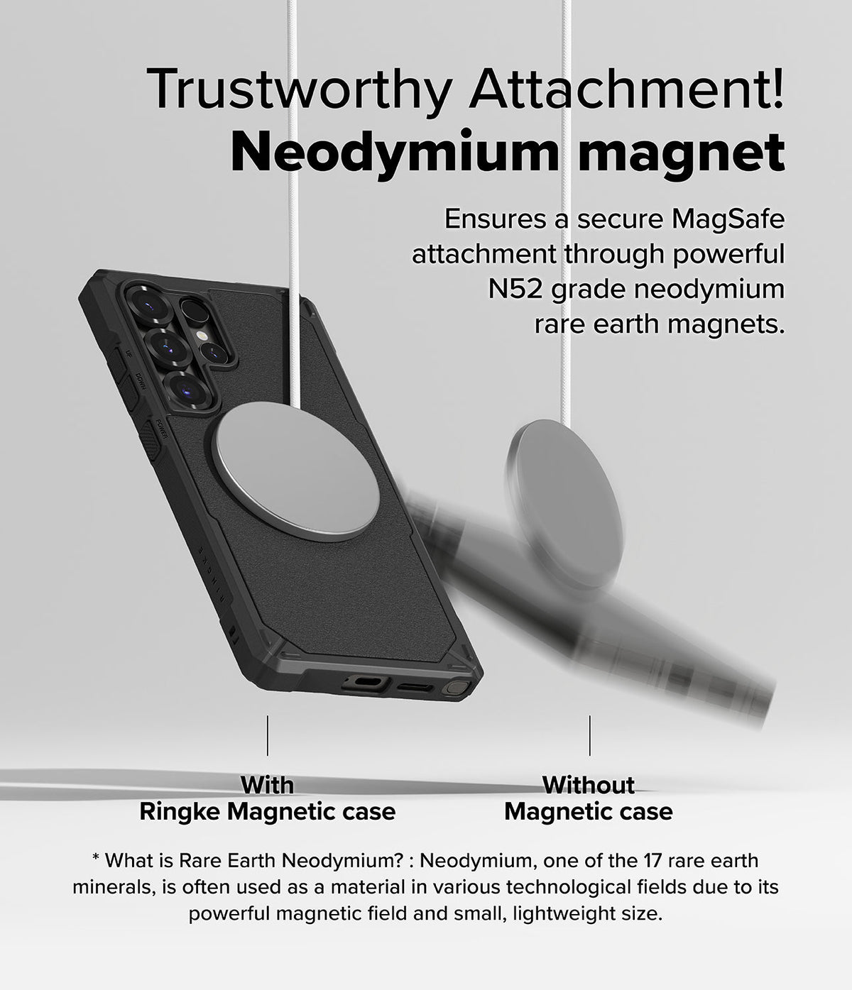 Galaxy S25 Ultra Case | Rugged Gear Magnetic - Comparison showing a magnetic disc attached to a phone case versus falling.