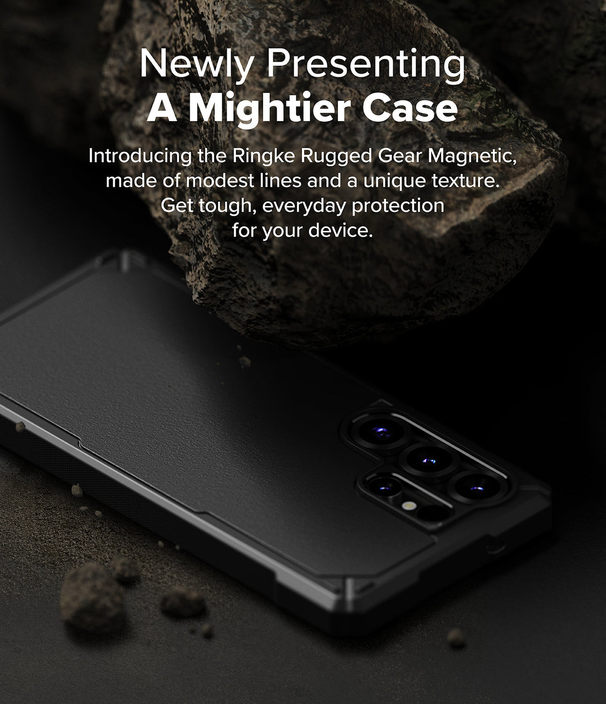 Galaxy S25 Ultra Case | Rugged Gear Magnetic - Black phone case with textured back resting under a large rock.